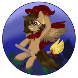 Size: 1280x1280 | Tagged: safe, artist:foxx_grey_art, oc, oc only, oc:hazelnut brew, pegasus, pony, accessory, broom, brown mane, cape, clothes, female, flying, flying broomstick, hat, mare, night, pegasus oc, solo, spread wings, wings, witch, witch costume, witch hat