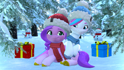 Size: 3840x2160 | Tagged: safe, artist:owlpirate, pipp petals, zipp storm, pegasus, pony, g5, 3d, 4k, christmas, clothes, duo, female, hat, high res, holiday, looking at each other, looking at someone, lying down, mare, present, prone, royal sisters (g5), scarf, siblings, sisters, smiling, smiling at each other, snow, snowfall, snowman, source filmmaker