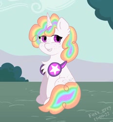 Size: 929x1000 | Tagged: safe, artist:foxx_grey_art, oc, oc only, oc:starstep rhythm, pony, unicorn, headphones, multicolored hair, rainbow hair, sitting, smiling, solo, white coat