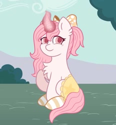 Size: 929x1000 | Tagged: safe, artist:foxx_grey_art, oc, oc only, pony, unicorn, clothes, magic, pink mane, sitting, smiling, socks, solo, stockings, striped socks, thigh highs, white coat