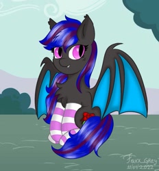 Size: 929x1000 | Tagged: safe, artist:foxx_grey_art, oc, oc only, oc:ebony rose, bat pony, pony, bat pony oc, clothes, cute, sitting, smiling, socks, stockings, striped socks, thigh highs