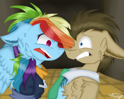 Size: 1821x1457 | Tagged: safe, artist:4agonism, doctor whooves, rainbow dash, time turner, earth pony, pegasus, pony, g4, angry, boop, cheek fluff, chest fluff, clothes, duo, ears back, eyelashes, female, looking at each other, looking at someone, male, mare, name tag, necktie, nose wrinkle, noseboop, older, older doctor whooves, older rainbow dash, ponytail, rainbow crash, raised hoof, scared, shoulder fluff, side view, signature, spread wings, stallion, unshorn fetlocks, wing fluff, wingboner, wings, wonderbolts, zipper