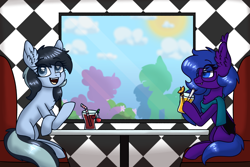 Size: 3600x2400 | Tagged: safe, artist:galaxydrago, oc, oc:cyaera, oc:sophiabatty, bat pony, undead, vampire, vampony, clothes, fangs, high res, restaurant, scarf, sitting