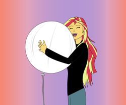 Size: 792x666 | Tagged: safe, artist:hakdurbin, sunset shimmer, human, equestria girls, g4, balloon, gradient background, happy, hug, open mouth