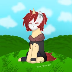 Size: 1280x1280 | Tagged: safe, artist:foxx_grey_art, oc, oc only, pony, unicorn, clothes, grass, grass field, hoodie, horn, mask, red mane, sitting, smiling, solo, unicorn oc