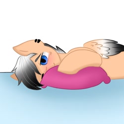 Size: 1280x1280 | Tagged: safe, artist:foxx_grey_art, oc, oc only, oc:colin grey, pegasus, pony, blue eyes, blushing, looking at you, lying down, on side, pegasus oc, pillow, simple background, smiling, white background