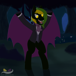 Size: 1250x1250 | Tagged: safe, artist:noir-b, oc, oc:vermont black, earth pony, pony, bipedal, bush, cape, clothes, fangs, forest, glowing, glowing eyes, male, night, nightmare night, on hi, open mouth, scary, sharp teeth, solo, stallion, suit, teeth, watermark