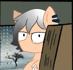 Size: 428x414 | Tagged: safe, artist:foxx_grey_art, oc, oc only, oc:colin grey, pegasus, pony, computer, looking at you, meme, pegasus oc, sitting