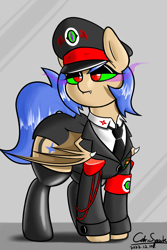 Size: 4000x6000 | Tagged: safe, alternate version, artist:cdrspark, oc, oc only, oc:lunar saintly, bat pony, pony, bat pony oc, blue mane, cap, clothes, dark magic, disguise, disguised changeling, fangs, female, hat, leggings, magic, mare, military uniform, red eyes, rubber boots, simple background, slit pupils, socks, solo, sombra eyes, unamused, uniform