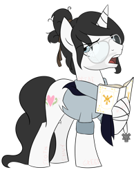 Size: 3100x4000 | Tagged: safe, artist:pencilsparkreignited, oc, oc only, oc:delusive bliss, pony, unicorn, 2023 community collab, derpibooru community collaboration, bible, blue eyes, book, broken glasses, carving, clothes, cult, cult leader, cultist, glasses, hair bun, handkerchief, jewelry, long tail, male, messy mane, necklace, pendant, scar, scarf, seven deadly sins, simple background, solo, stallion, stallion oc, tail, transparent background, white coat
