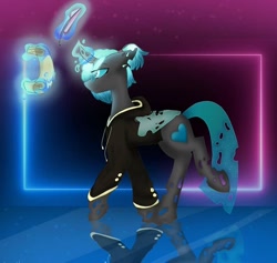 Size: 1080x1023 | Tagged: safe, artist:foxx_grey_art, oc, oc only, changeling, blue changeling, clothes, hoodie, magic, neon, reflection, solo, walking, writing