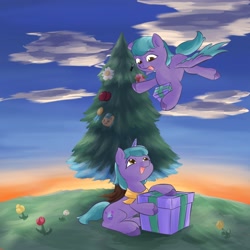 Size: 4096x4096 | Tagged: safe, artist:felldeal, shiny sparks, pegasus, pony, unicorn, series:daily drawing december, g5, christmas, duo, holiday, tree, unnamed character, unnamed pony