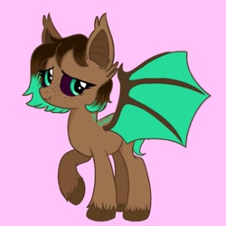 Size: 881x880 | Tagged: safe, artist:foxx_grey_art, oc, oc only, oc:jade, bat pony, pony, bat pony oc, black sclera, brown coat, fangs, female, mare, pink background, simple background, solo