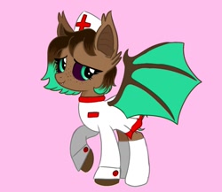 Size: 1153x1000 | Tagged: safe, alternate version, artist:foxx_grey_art, oc, oc only, oc:jade, bat pony, pony, bat pony oc, black sclera, brown coat, clothes, doctor, fangs, female, hat, mare, pink background, simple background, solo, uniform