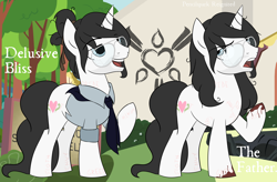 Size: 6100x4000 | Tagged: safe, artist:pencilsparkreignited, oc, oc only, oc:delusive bliss, pony, unicorn, alternate hairstyle, black mane, blood, blue eyes, broken glasses, carving, church, clothes, cult, cult leader, far cry 5, glasses, hair bun, handkerchief, long tail, male, messy mane, reference sheet, scar, scarf, scarred, simple background, stallion, stallion oc, stubble, symbol, tail, white coat