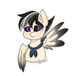 Size: 1000x1000 | Tagged: safe, artist:foxx_grey_art, oc, pegasus, pony, black mane, bust, pegasus oc, purple eyes, simple background, solo, white background