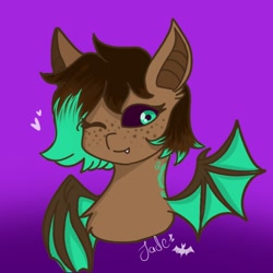 Size: 1000x1000 | Tagged: safe, artist:foxx_grey_art, oc, oc:jade, bat pony, pony, bat pony oc, brown coat, brown mane, bust, female, heart, mare, one eye closed, simple background, solo, wink