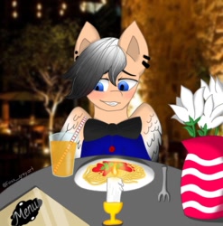 Size: 989x1000 | Tagged: safe, artist:foxx_grey_art, oc, oc only, oc:colin grey, pegasus, pony, blue eyes, blushing, bowtie, candle, date, dinner, drink, food, looking down, offscreen character, pasta, pov, solo, spaghetti