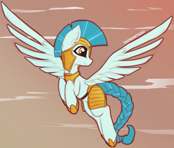 Size: 1569x1332 | Tagged: safe, artist:shepardinthesky, guardian angel (g4), pegasus, pony, g4, armor, braid, braided tail, commission, female, flying, guardsmare, mare, royal guard, royal guard armor, sketch, solo, spread wings, tail, wings
