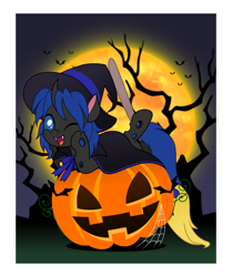 Size: 4188x5000 | Tagged: safe, artist:jhayarr23, oc, oc only, oc:swift dawn, changeling, absurd resolution, blue changeling, blue eyes, bow, changeling oc, clothes, commission, costume, cute, fangs, halloween, halloween costume, hat, holiday, horn, jack-o-lantern, male, ocbetes, one eye closed, pumpkin, solo, tail, wink, witch costume, witch hat, ych result