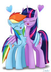 Size: 2480x3507 | Tagged: safe, artist:twidasher, rainbow dash, twilight sparkle, alicorn, pegasus, pony, g4, chest fluff, duo, duo female, eyes closed, female, heart, high res, hug, lesbian, mare, open mouth, ship:twidash, shipping, simple background, twilight sparkle (alicorn), white background, winghug, wings