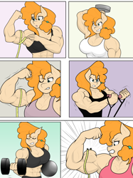 Size: 2004x2682 | Tagged: safe, artist:matchstickman, pear butter, earth pony, anthro, comic:the other side, g4, abs, biceps, breasts, busty pear butter, clothes, comic, dumbbell (object), exercise, female, flexing, high res, measuring tape, muscle growth, muscles, muscular female, pear buffer, solo, sweat, weight lifting, weights, workout