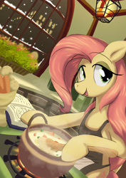 Size: 2480x3508 | Tagged: safe, artist:neoshrek, fluttershy, pegasus, pony, g4, apron, clothes, cooking, cottagecore, cute, female, high res, housewife, kitchen, looking at you, mare, open mouth, open smile, shyabetes, smiling, solo, stew, stove, wrong eye color