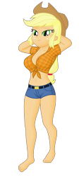 Size: 1700x3800 | Tagged: safe, alternate version, artist:ah96, edit, editor:ah96, applejack, human, equestria girls, g4, arm behind head, barefoot, belly button, breast edit, breasts, busty applejack, feet, female, front knot midriff, midriff, ms paint, multiple variants, shading, simple background, solo, transparent background