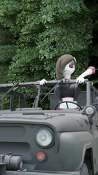 Size: 1080x1920 | Tagged: safe, artist:ironsidianmemories, oc, oc only, oc:bloody iron, anthro, 3d, angry, blender, car, clothes, female, forest, jacket, red eyes, solo, stuck, too big, uaz, uaz-469