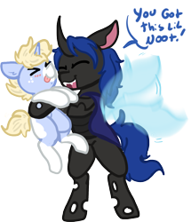 Size: 830x966 | Tagged: safe, artist:nootaz, oc, oc only, oc:nootaz, oc:swift dawn, changeling, pony, unicorn, blue changeling, changeling oc, commission, cute, dialogue, duo, eyes closed, fangs, fluttering, freckles, holding a pony, horn, male, open mouth, simple background, small pony, smiling, stallion, tongue out, transparent background, unicorn oc