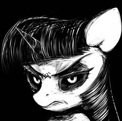 Size: 1500x1491 | Tagged: safe, artist:some_ponu, twilight sparkle, ambiguous race, pony, g4, angry, black and white, bust, frown, grayscale, monochrome, solo