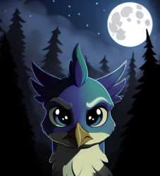 Size: 1370x1508 | Tagged: safe, ai assisted, ai content, editor:paracompact, generator:purplesmart.ai, generator:stable diffusion, gallus, g4, forest, forest background, gallus is not amused, looking at you, moon, night, stars, unamused