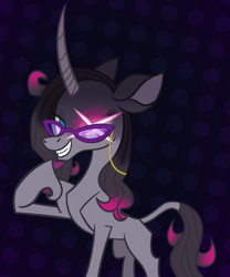 Size: 1065x1281 | Tagged: safe, artist:nonameorous, oleander (tfh), pony, unicorn, them's fightin' herds, blue background, cloven hooves, community related, glasses, grin, hexagon, looking at you, purple background, raised hoof, shadow, simple background, smiling, smiling at you, solo, sparkles