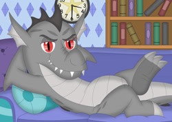Size: 1061x753 | Tagged: safe, artist:porygon2z, oc, oc only, oc:draco axel, dragon, bookshelf, couch, implied shipping, implied smolder, looking at you, male, smiling, smiling at you, solo, vector
