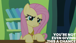 Size: 1920x1080 | Tagged: safe, edit, edited screencap, editor:quoterific, screencap, fluttershy, pegasus, pony, g4, keep calm and flutter on, apple, element of kindness, female, fluttershy is not amused, food, gritted teeth, hooves on the table, mare, solo, teeth, unamused