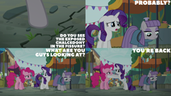 Size: 4400x2475 | Tagged: safe, edit, edited screencap, editor:quoterific, screencap, colton john, levon song, lucky breaks, maud pie, neigh sayer, pegasus olsen, peggy holstein, pinkie pie, rarity, earth pony, pony, unicorn, g4, the gift of the maud pie, female, mare