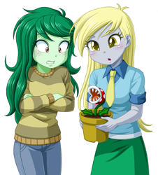 Size: 757x836 | Tagged: safe, artist:uotapo, edit, derpy hooves, wallflower blush, human, equestria girls, g4, background removed, cropped, crossover, danger, duo, female, necktie, nintendo, piranha plant, plant, plant pot, simple background, super mario bros., white background