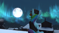 Size: 3840x2160 | Tagged: safe, artist:xafilah, rainbow dash, pegasus, pony, g4, /mlp/ tf2 general, 3d, aurora borealis, backpack, female, gmod, hat, high res, mare, moon, rainbow scout, scout (tf2), snow, snowfall, solo, source filmmaker, team fortress 2