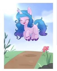 Size: 1080x1334 | Tagged: safe, artist:pencil_draw_indo, artist:tialtri, izzy moonbow, pony, unicorn, g4, g5, cloud, cute, eyes closed, female, flower, g5 to g4, generation leap, izzybetes, mare, open mouth, open smile, prancing, pronking, smiling, solo