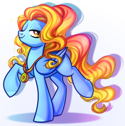 Size: 967x970 | Tagged: safe, artist:kannakiller, oc, oc:singing sun, pegasus, pony, commission, curls, cute, digital art, eyelashes, female, full body, jewelry, looking at you, mare, pegasus oc, pendant, raised hoof, simple background, smiling, smiling at you, solo, sparkles, white background, wings