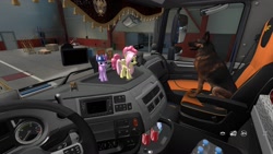 Size: 1600x900 | Tagged: safe, artist:[redi] 1r rec c22, fluttershy, pinkie pie, twilight sparkle, cat, dog, german shepherd, pegasus, pony, unicorn, g4, daf, euro truck simulator 2, sparkling water, truck, water