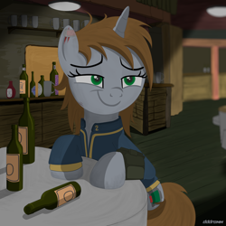 Size: 2000x2000 | Tagged: safe, artist:dddromm, oc, oc only, oc:littlepip, pony, unicorn, fallout equestria, alcohol, clothes, drunk, female, high res, horn, jumpsuit, mare, pipbuck, sitting, smiling, unicorn oc, vault suit