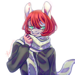 Size: 1280x1280 | Tagged: safe, artist:xesamani, oc, oc only, anthro, anthro oc, clothes, coat, female, scarf, simple background, smiling, solo, white background