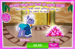 Size: 1956x1295 | Tagged: safe, gameloft, gladmane, earth pony, pony, g4, my little pony: magic princess, advertisement, bowtie, cape, clothes, costs real money, english, gem, introduction card, male, numbers, sale, solo, stallion, suit, text