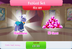 Size: 1262x859 | Tagged: safe, gameloft, gladmane, earth pony, pony, g4, my little pony: magic princess, bowtie, bundle, cape, clothes, costs real money, english, fabled set, gem, male, numbers, sale, solo, stallion, suit, text