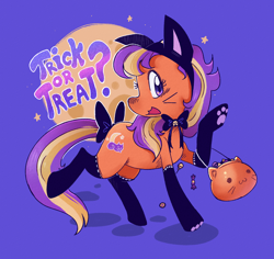 Size: 1918x1814 | Tagged: safe, artist:themagicbrew, pumpkin tart, earth pony, pony, bell, bell collar, bow, bowtie, candy, cat ears, cat socks, collar, food, full moon, halloween, holiday, jack-o-lantern, moon, pumpkin, pumpkin bucket, solo, stars, tail, tail bow, trick or treat, whiskers