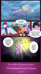 Size: 1122x2000 | Tagged: safe, artist:justdreamer22, hitch trailblazer, izzy moonbow, pipp petals, posey bloom, sunny starscout, zipp storm, human, equestria girls, g4, g5, adric, christmas, comic, doctor who, fifth doctor, flying, holiday, hug, humanized, marestream, peter davison