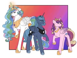 Size: 512x384 | Tagged: safe, artist:binibean, princess cadance, princess celestia, princess luna, alicorn, pony, g4, female, food, glowing, glowing horn, horn, magic, tea, telekinesis, trio