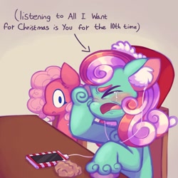 Size: 1500x1500 | Tagged: safe, artist:sidruni, minty, pinkie pie (g3), earth pony, pony, g3, all i want for christmas is you, christmas, colored, crying, curly hair, duo, ear fluff, earbuds, hat, holiday, looking at someone, mariah carey, meme, phone, pink hair, ponified meme, santa hat, scrunchy face, table, two toned mane, unshorn fetlocks, wide eyes