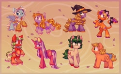 Size: 2048x1257 | Tagged: safe, artist:sidruni, abra-ca-dabra, applejack (g1), applejack (g3), autumn (g2), autumn crisp, autumn skye, gusty, pumpkin tart, earth pony, pegasus, pony, unicorn, g1, g2, g3, abstract background, autumn, bell, bell collar, bow, cat ears, clothes, coat markings, collar, cute, female, halloween, hat, holiday, leaves, mare, pegasus autumn skye, race swap, rearing, socks (coat markings), sweater, tail, tail bow, unicorn autumn (g2), unshorn fetlocks, wind, witch hat
